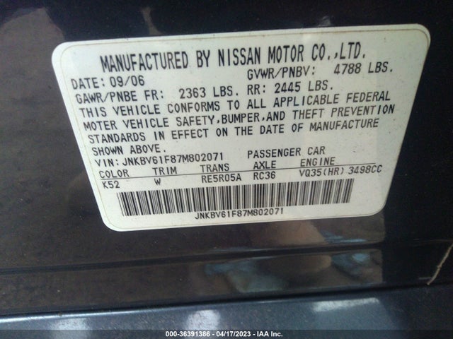 2007 INFINITI G35 SEDAN G35X VIN: JNKBV61F87M802071