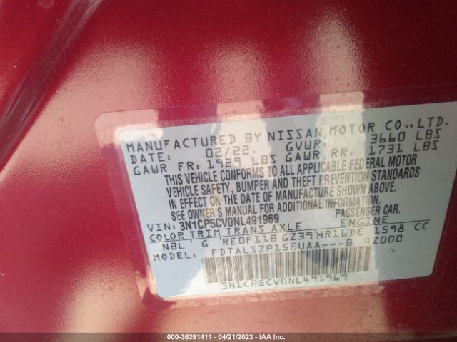 3N1CP5CV0NL491969 Nissan KICKS SV