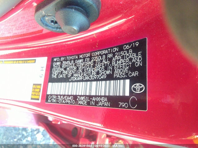2019 TOYOTA PRIUS L ECO/LE/XLE/LIMITED VIN: JTDKARFUXK3097049