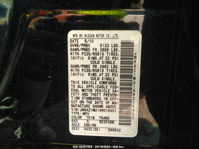 2010 NISSAN MURANO SL VIN: JN8AZ1MU1AW016451