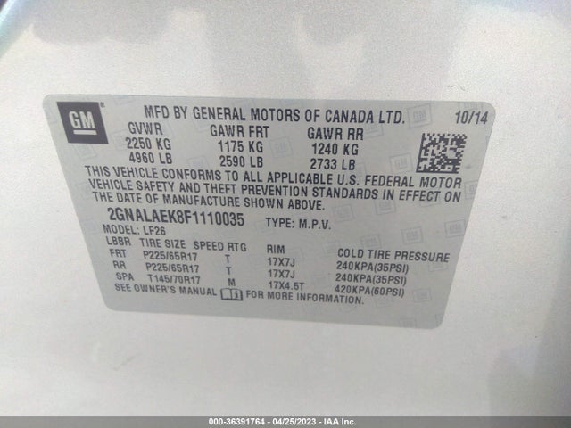 2015 CHEVROLET EQUINOX LS VIN: 2GNALAEK8F1110035