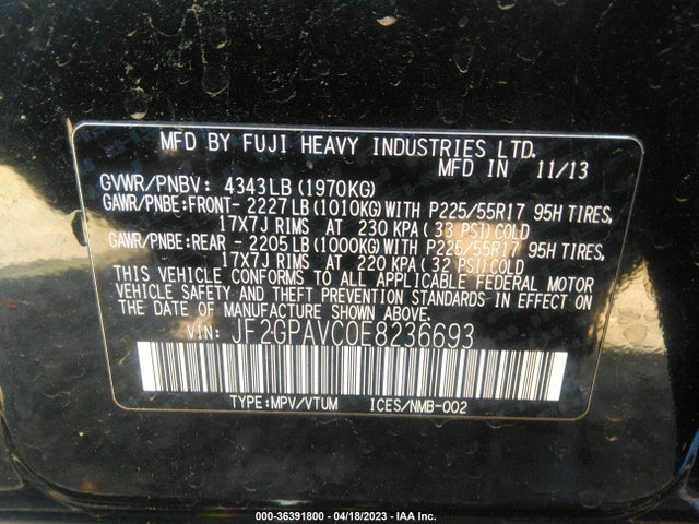 2014 SUBARU XV CROSSTREK PREMIUM VIN: JF2GPAVC0E8236693