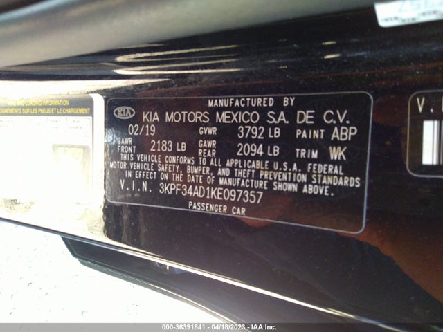 2019 KIA FORTE S VIN: 3KPF34AD1KE097357