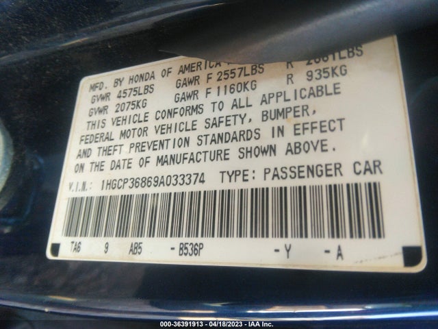 2009 HONDA ACCORD SDN EX-L VIN: 1HGCP36869A033374