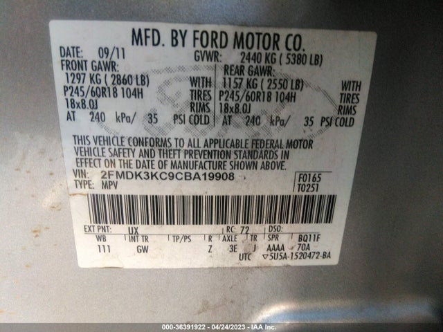 2012 FORD EDGE LIMITED VIN: 2FMDK3KC9CBA19908