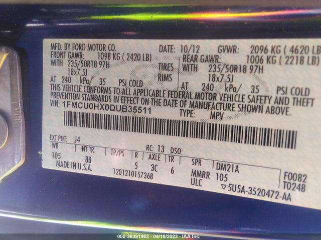 2013 FORD ESCAPE SEL VIN: 1FMCU0HX0DUB35511