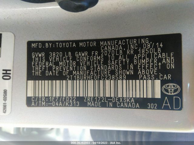 2T1BURHE0FC238589 Toyota Corolla S Plus