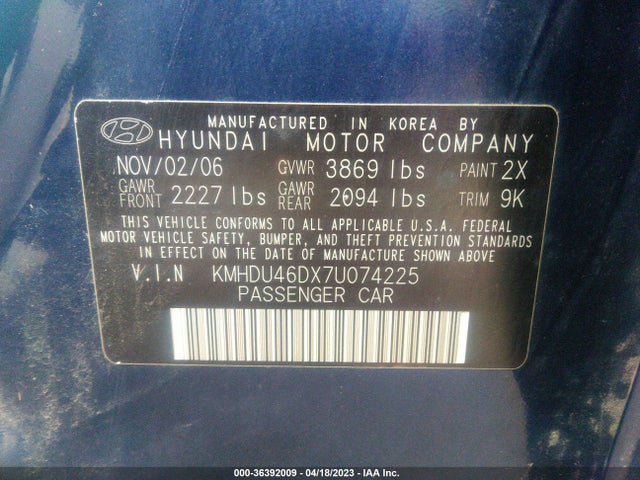 2007 HYUNDAI ELANTRA GLS/SE/LTD VIN: KMHDU46DX7U074225