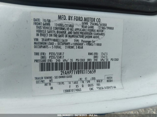 2009 FORD POLICE INTERCEPTOR VIN: 2FAHP71V89X115659