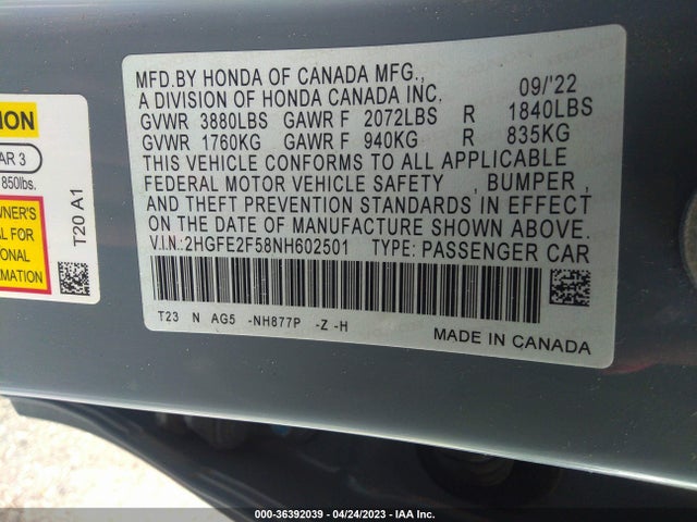 2022 HONDA CIVIC SEDAN SPORT VIN: 2HGFE2F58NH602501