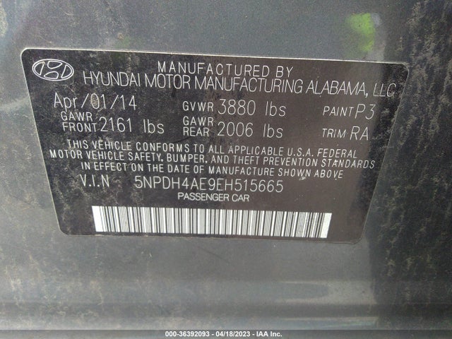 2014 HYUNDAI ELANTRA SE/LIMITED VIN: 5NPDH4AE9EH515665