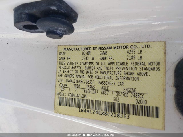 2008 NISSAN ALTIMA 2.5 S VIN: 1N4AL24EX8C218363