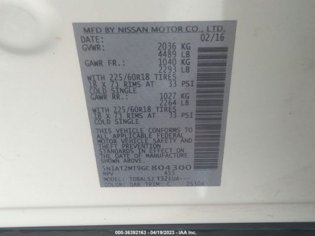 5N1AT2MT9GC804300 Nissan Rogue Sv/sl/s
