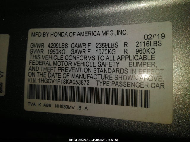 2019 HONDA ACCORD SEDAN LX 1.5T VIN: 1HGCV1F18KA053872