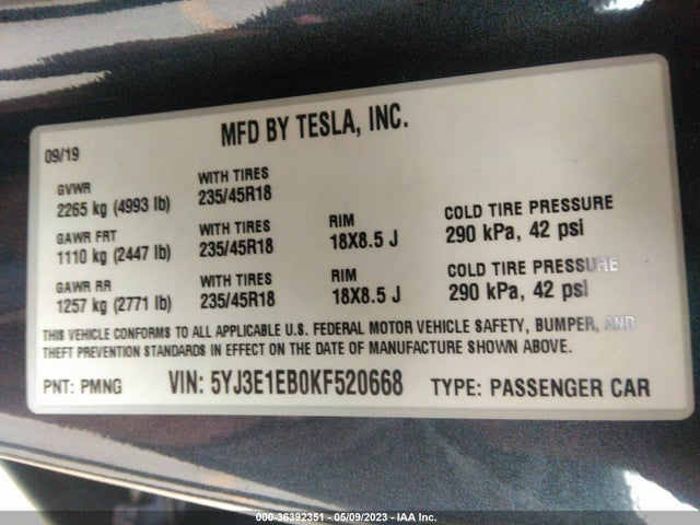 Tesla Model 3 Long Range/performance 2019 5YJ3E1EB0KF520668 Image 9