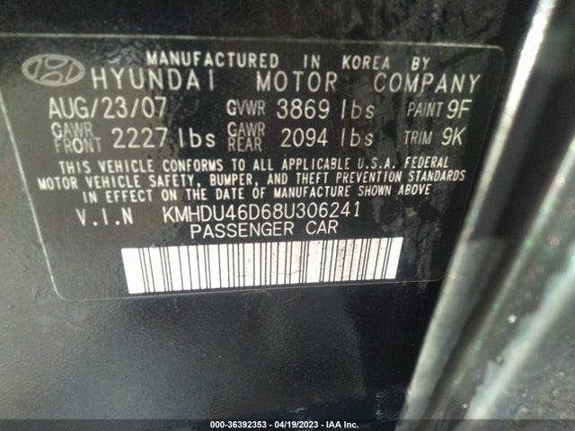 2008 HYUNDAI ELANTRA GLS/SE VIN: KMHDU46D68U306241