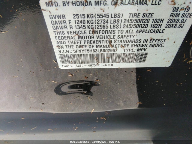 Honda Pilot Touring 7-passenger 2020 5FNYF5H63LB002967 Image 9