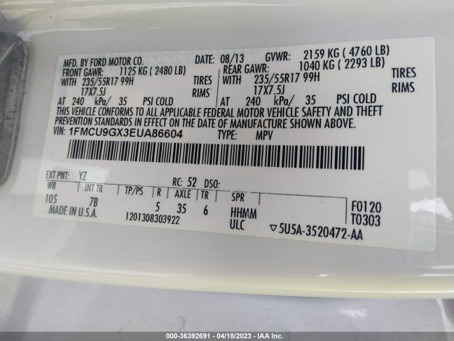 Ford ESCAPE SE 2014 1FMCU9GX3EUA86604 Image 10