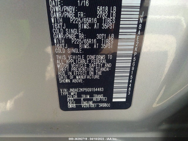 2016 Nissan Quest, VIN: JN8AE2KP5G9154483