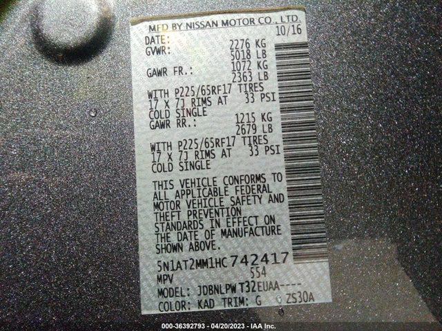 2017 NISSAN ROGUE S VIN: 5N1AT2MM1HC742417