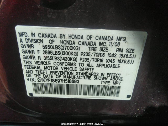 2007 HONDA PILOT EX-L VIN: 2HKYF18597H518693