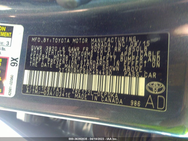 2016 TOYOTA COROLLA L/LE/S/S PLUS/LE PLUS VIN: 2T1BURHE9GC494490