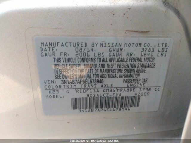 2014 NISSAN SENTRA S VIN: 3N1AB7AP6EL678946