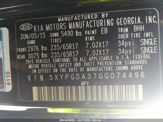 5XYPGDA37GG074496 KIA SORENTO LX