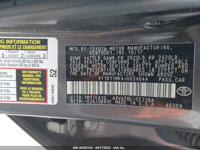 Toyota CAMRY SE 2018 4T1B11HK4JU034644 Image 10