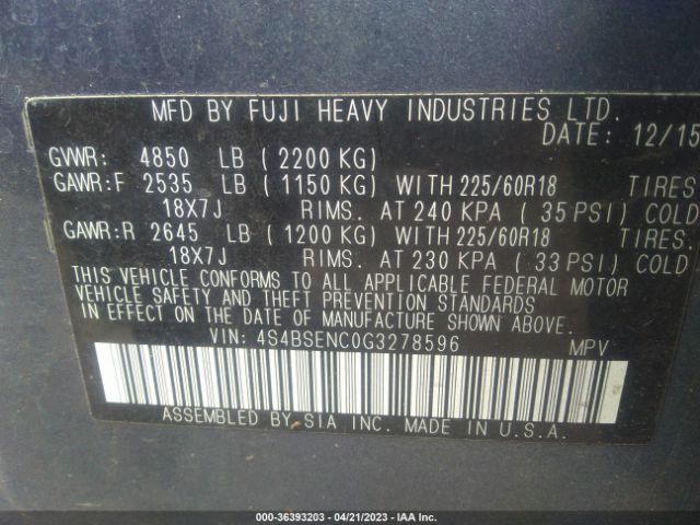 4S4BSENC0G3278596 Subaru Outback 3.6r Limited