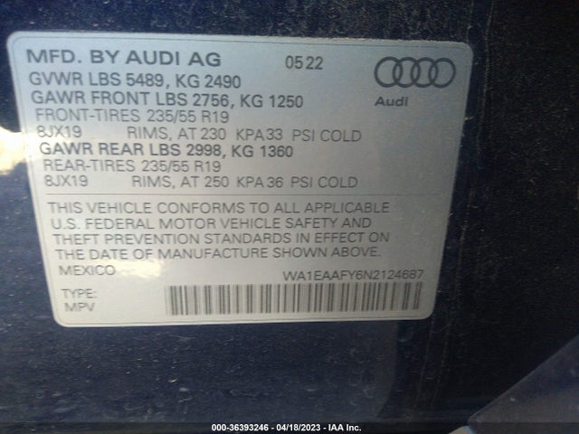 WA1EAAFY6N2124687 Audi Q5 S Line Premium Plus