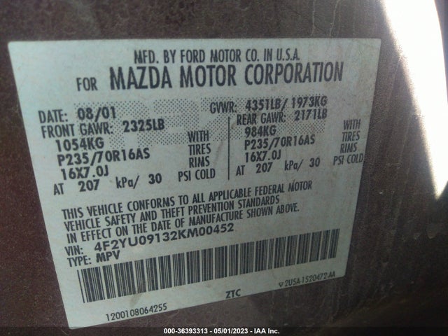 2002 MAZDA TRIBUTE LX/ES VIN: 4F2YU09132KM00452