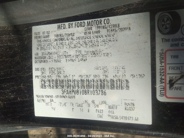 2008 FORD FUSION SEL VIN: 3FAHP08108R103786