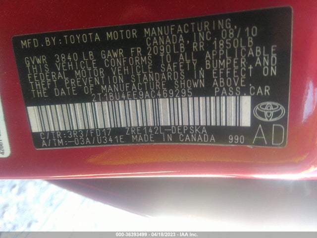 2010 TOYOTA COROLLA VIN: 2T1BU4EE9AC469295