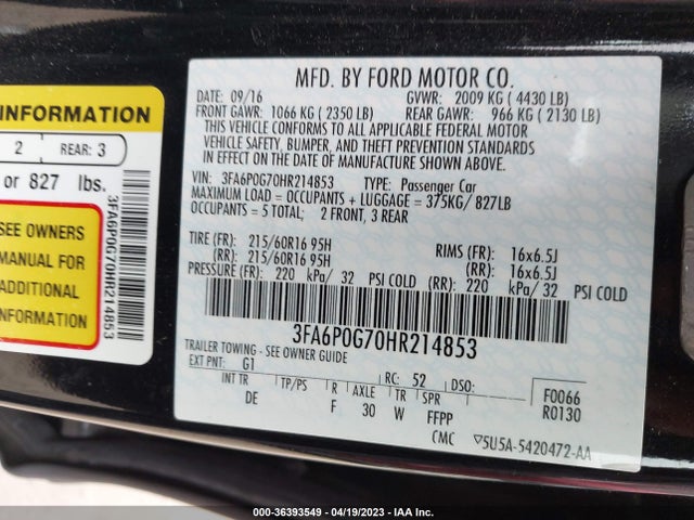 2017 FORD FUSION S VIN: 3FA6P0G70HR214853