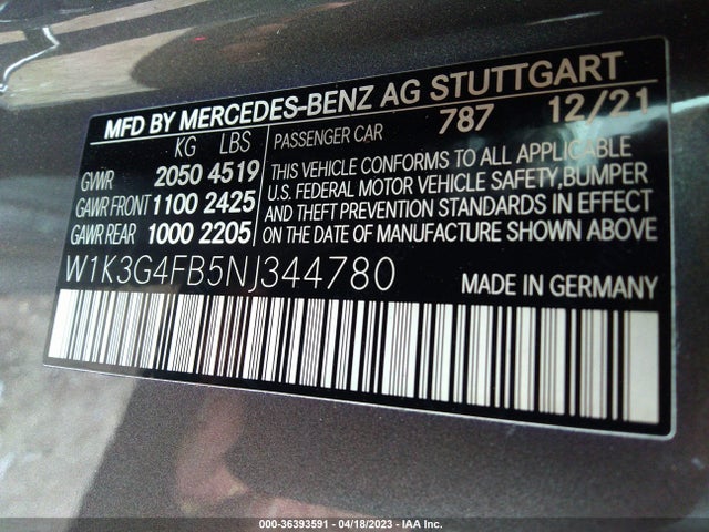 W1K3G4FB5NJ344780 Mercedes-Benz A-class A 220