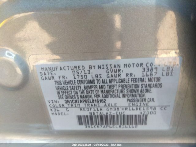 3N1CN7AP6EL816162 Nissan Versa S Plus