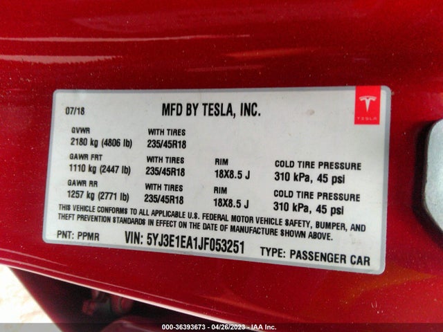 Tesla Model 3 Range Battery 2018 5YJ3E1EA1JF053251 Image 11