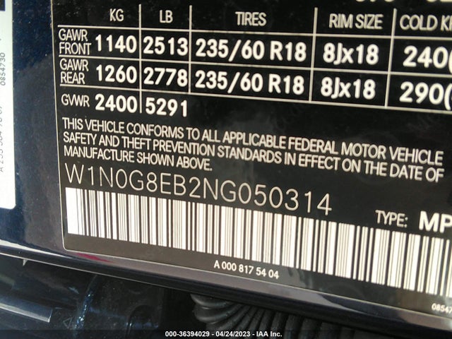 2022 MERCEDES-BENZ GLC GLC 300 VIN: W1N0G8EB2NG050314