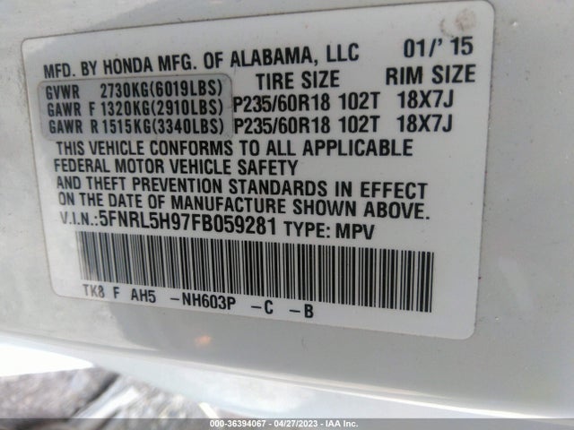 Honda Odyssey Touring 2015 5FNRL5H97FB059281 Image 9