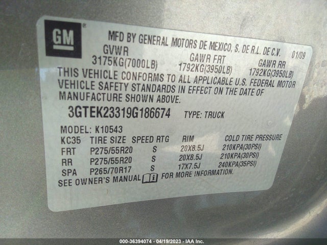 Aukcja sprzedaży 2009 Gmc Sierra 1500 Sle, vin: 3GTEK23319G186674, numer aukcji: 36394074
