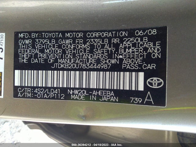 2008 TOYOTA PRIUS VIN: JTDKB20U783444987