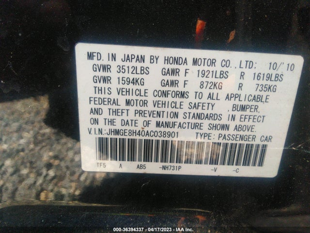 2010 HONDA FIT SPORT VIN: JHMGE8H40AC038901