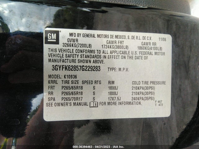 2007 CADILLAC ESCALADE EXT VIN: 3GYFK62857G229283