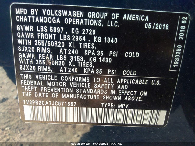 2018 VOLKSWAGEN ATLAS 3.6L V6 SE W/TECHNOLOGY VIN: 1V2PR2CA7JC571567