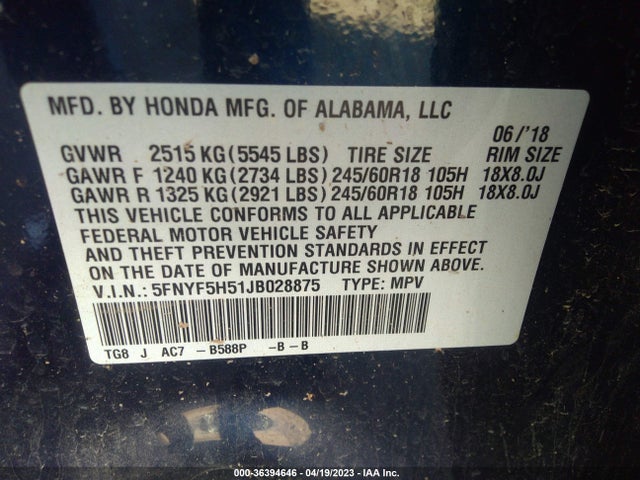 Honda Pilot Ex-l 2018 5FNYF5H51JB028875 Image 9