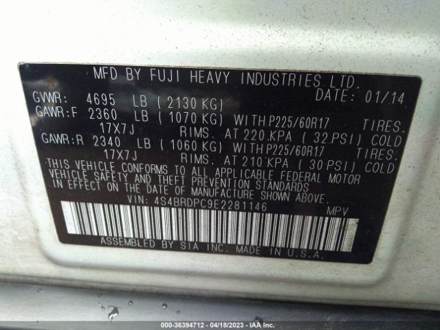 4S4BRDPC9E2281146 Subaru Outback 3.6r Limited