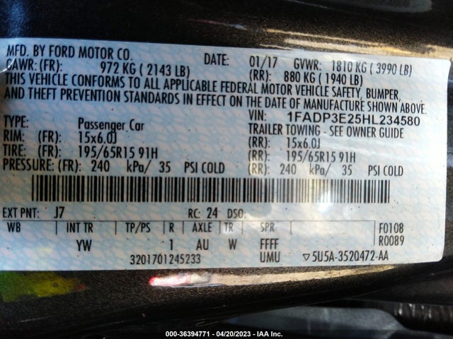 2017 FORD FOCUS S VIN: 1FADP3E25HL234580