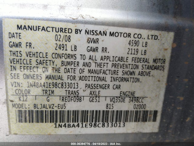 2008 NISSAN MAXIMA 3.5 SE VIN: 1N4BA41E98C833013