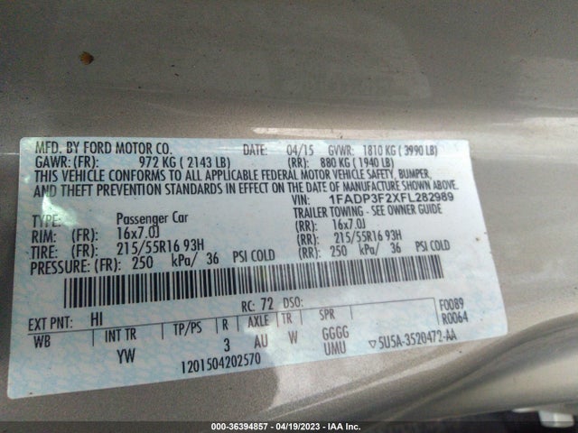 Ford FOCUS SE 2015 1FADP3F2XFL282989 Image 10